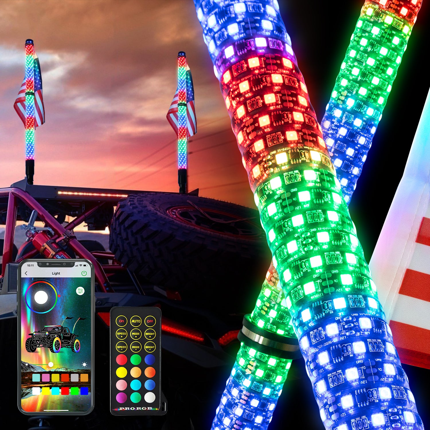 2FT/3FT Pair of RGB Chasing Fat Whips Lights with Bluetooth and