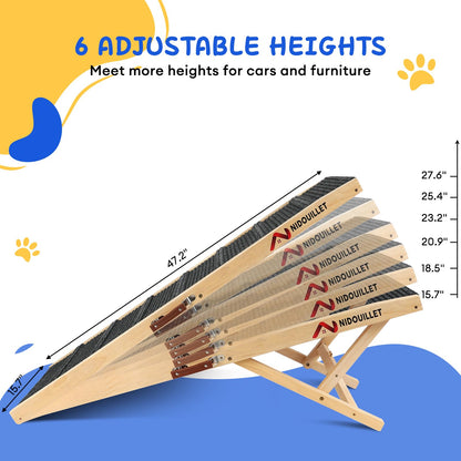 6 Adjustable Heights 47.2" Long Wooden Foldable Dog Ramp