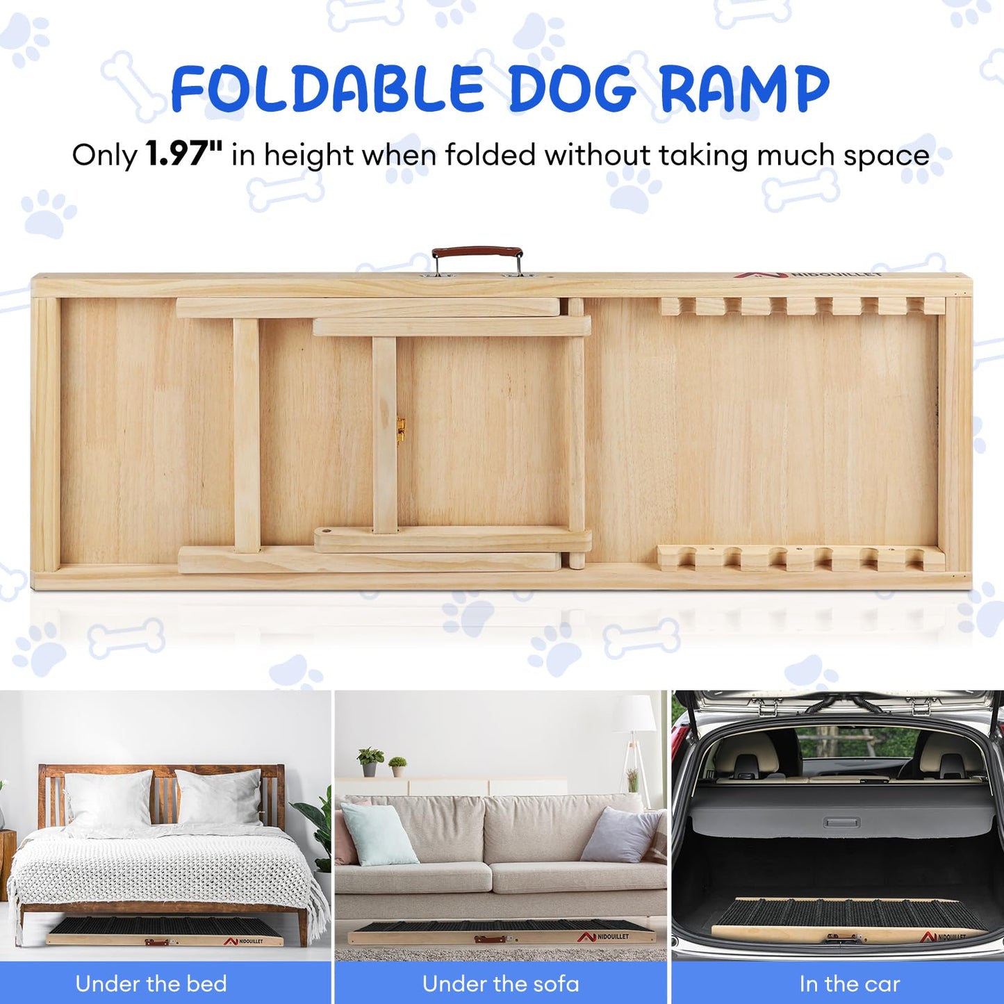 6 Adjustable Heights 47.2" Long Wooden Foldable Dog Ramp