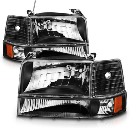 Headlight Assembly w/Bumper Corner Lamp Set for 1992-1996 Ford F150 F250 F350 Bronco Truck