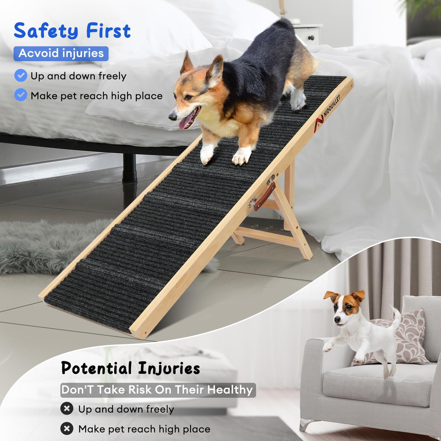 6 Adjustable Heights 47.2" Long Wooden Foldable Dog Ramp