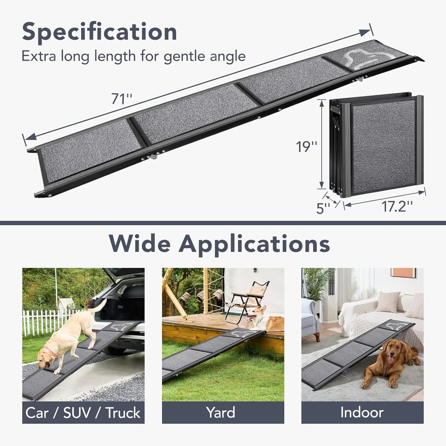 71" L x 17.2" W X-Long Dog Ramp for Car -PetThem Folding Pet Steps for Medium & Large Dogs