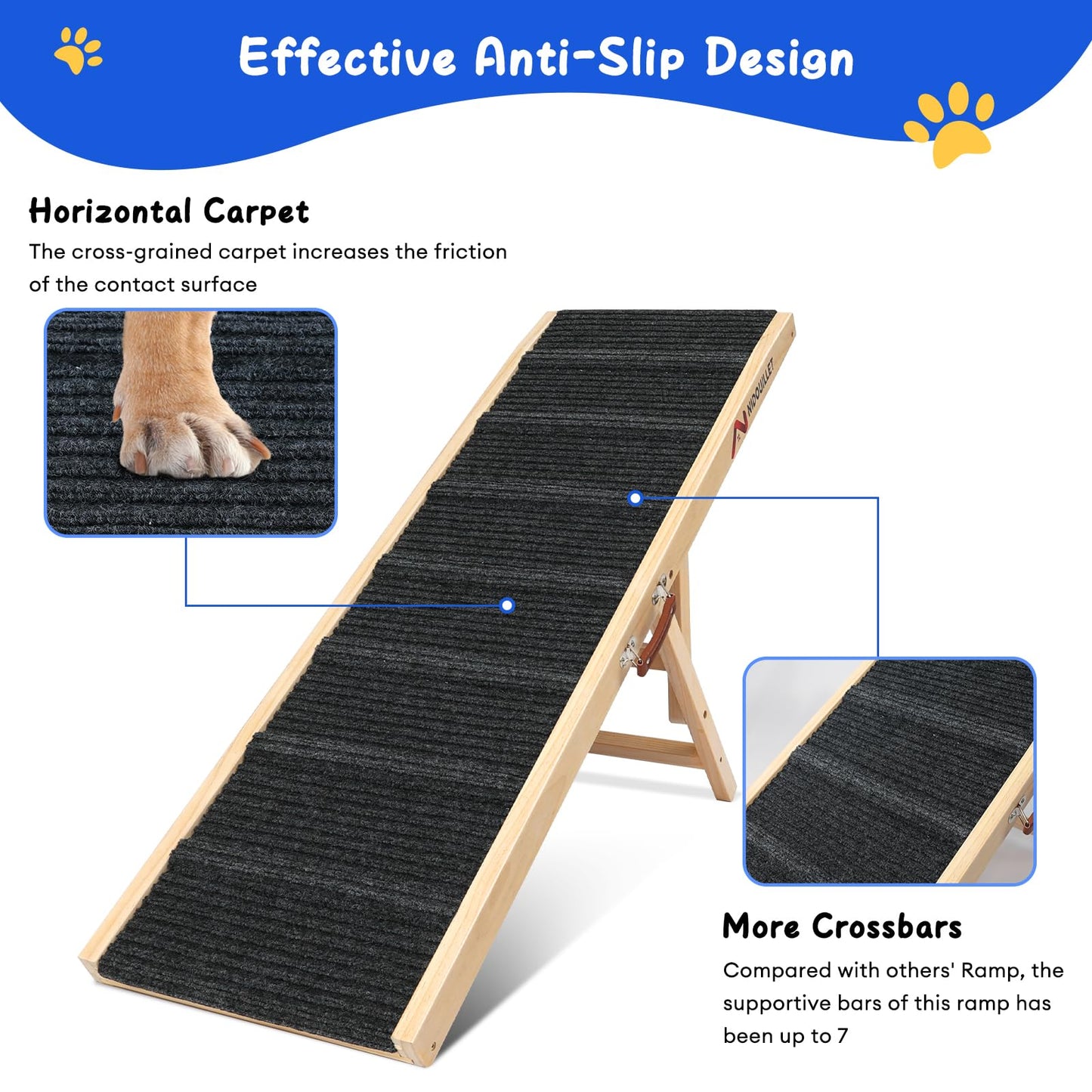 6 Adjustable Heights 47.2" Long Wooden Foldable Dog Ramp