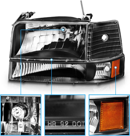 Headlight Assembly w/Bumper Corner Lamp Set for 1992-1996 Ford F150 F250 F350 Bronco Truck