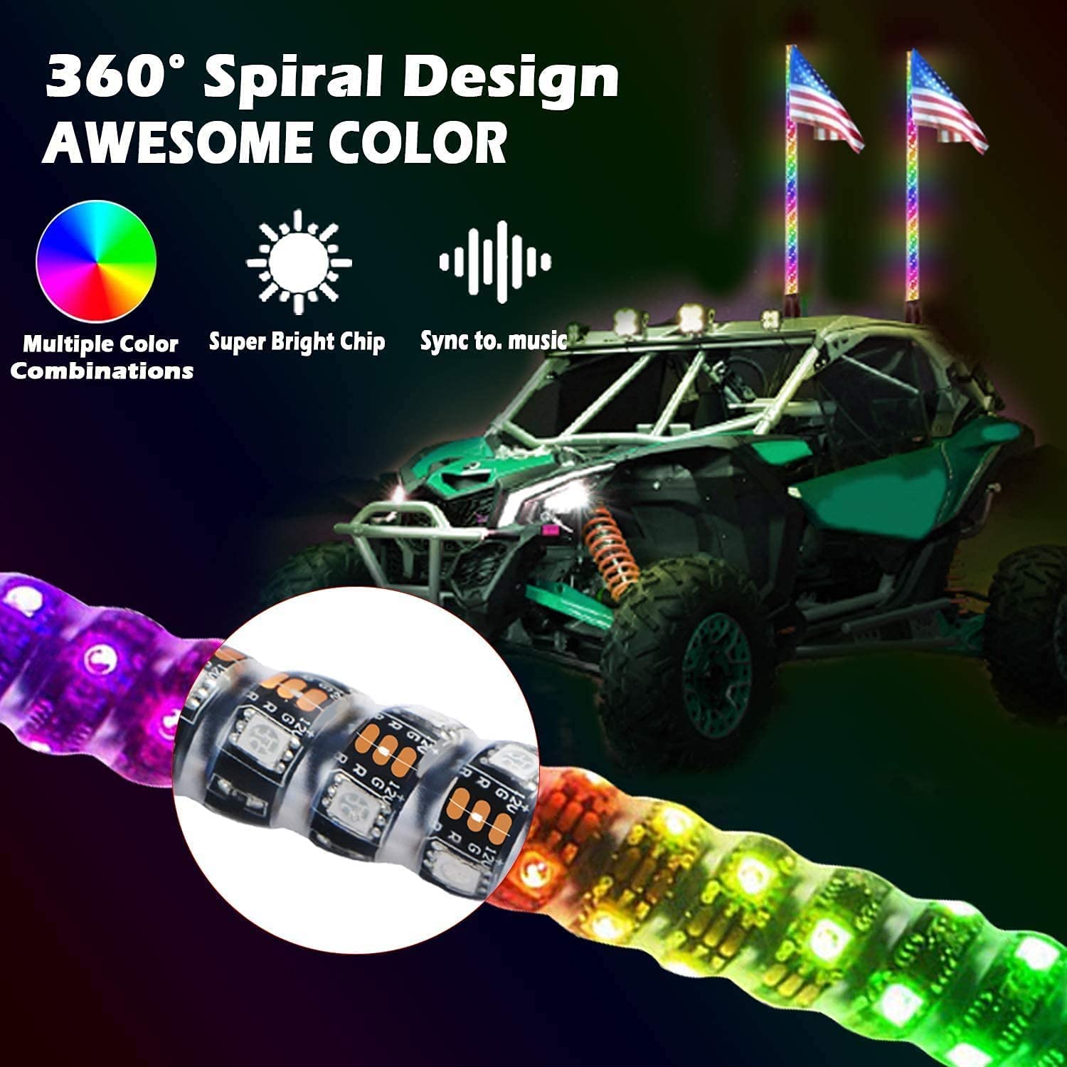 2Pcs 3/4 FT Sprial Chase RGB Whip Lights and 8 Rock Lights Cambo